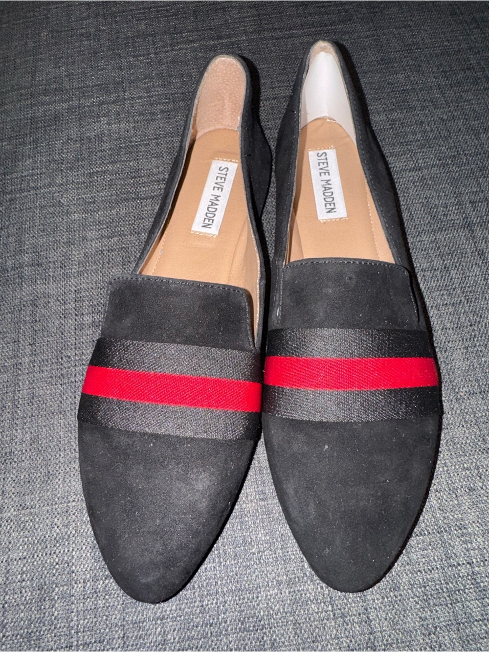 Steve Madden Black Suede Flats with Red Stripe